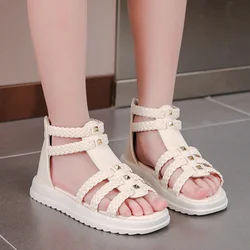 Summer Sandals for Girls 2023 New Versatile Solid Color Korean Style PU Soft Non-slip Flat Casual Weave Roman Shoes for Princess