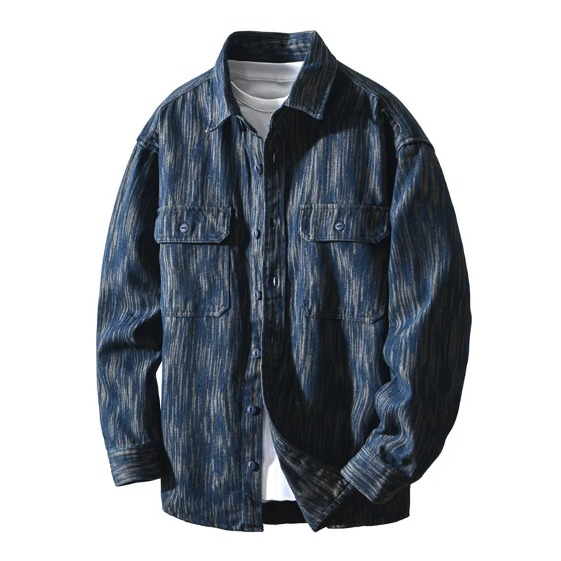 

4XL 3XL Amekaji Американские винтажные повседневные рубашки с длинными рукавами для мужчин, осень 202, дизайн с принтом в полоску зебры, джинсовая рабочая одежда, шаль