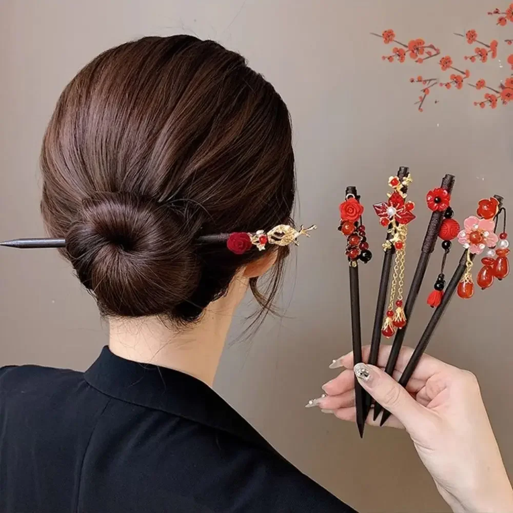 Classical Flower Wooden Hair Stick Tassel New Year Hanfu Hairpin Hair Sticks for Buns Red For Girl