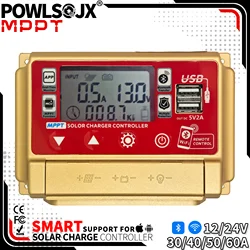 POWLSOJX Solar Controller with Bluetooth/WiFi, HD LCD, Dual USB, Metal Heat Dissipation, and Intelligent Protection for 12V/24V