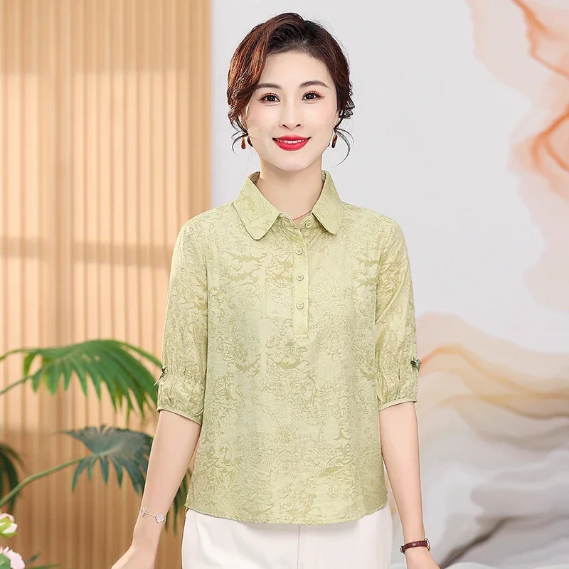 

Women Floral Jacquard Half Sleeve Blouse Turn Down Collar Casual Loose Mom Top