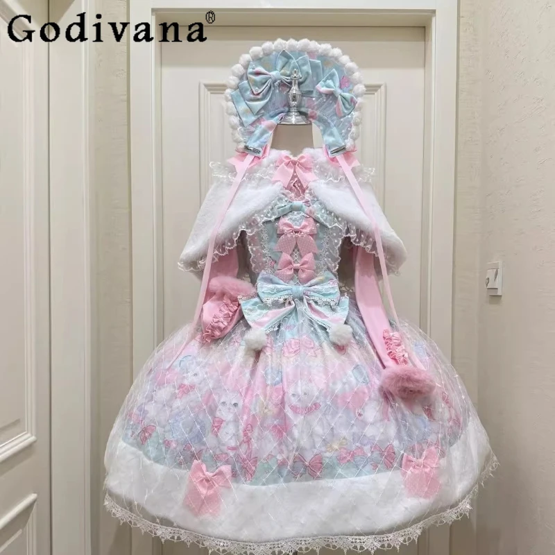 

Original Sweet Lolita Dress Cloak Set Autumn Winter New Women's High Waist Slim Cute Bow Birthday Party Dress Princess Dress Jsk