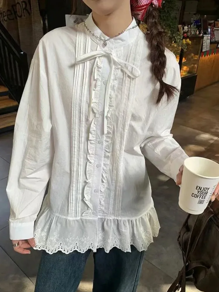 

Весенняя белая женская блузка с кружевными вставками, длинным рукавом, милым французским бантом и воротником-стойкой, винтажный стиль