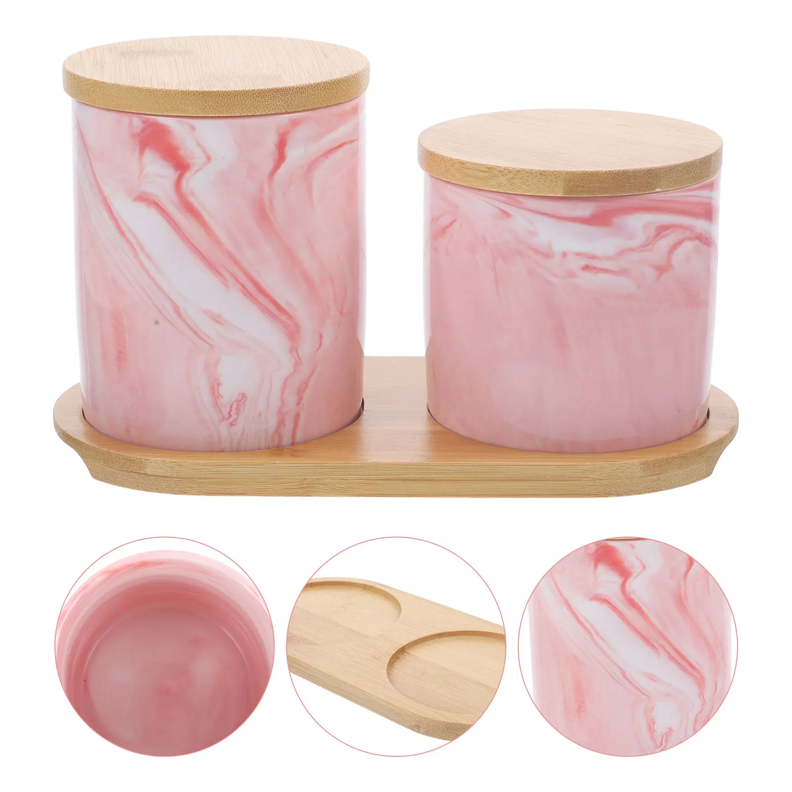 1 set Marble Airtight Jar Ceramic Canisters 2 Pieces Pink Silicone Decor Rice Container Kitchen Accessories Storage Tin