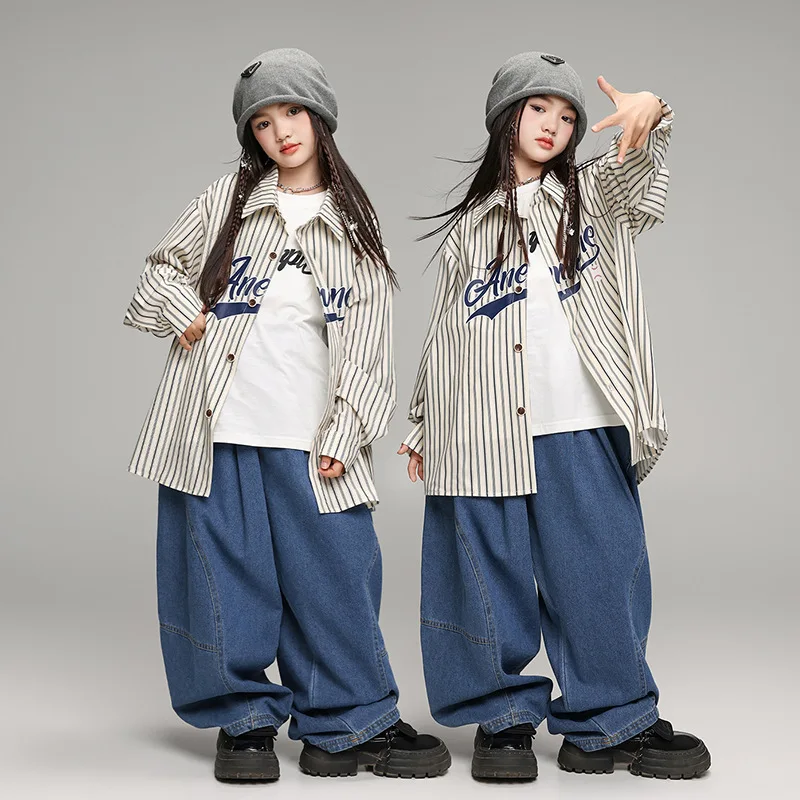 Vêtements K-pop pour garçons et filles, olympiques de danse jazz, chemise à rayures streetwear, ensemble de pantalons en émail blanc, tenues de spectacle de piste hip-hop, vêtements cool