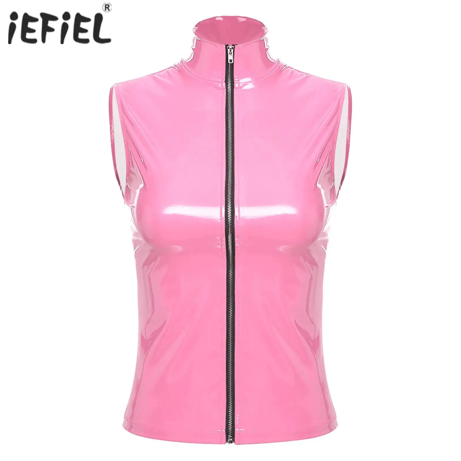 Womens Patent Leather Tanks Camis Tops Zipper Sleeveless Jacket Stand Collar Vest Tops Wet Look Clubwear Pole Dance Rave Outfit