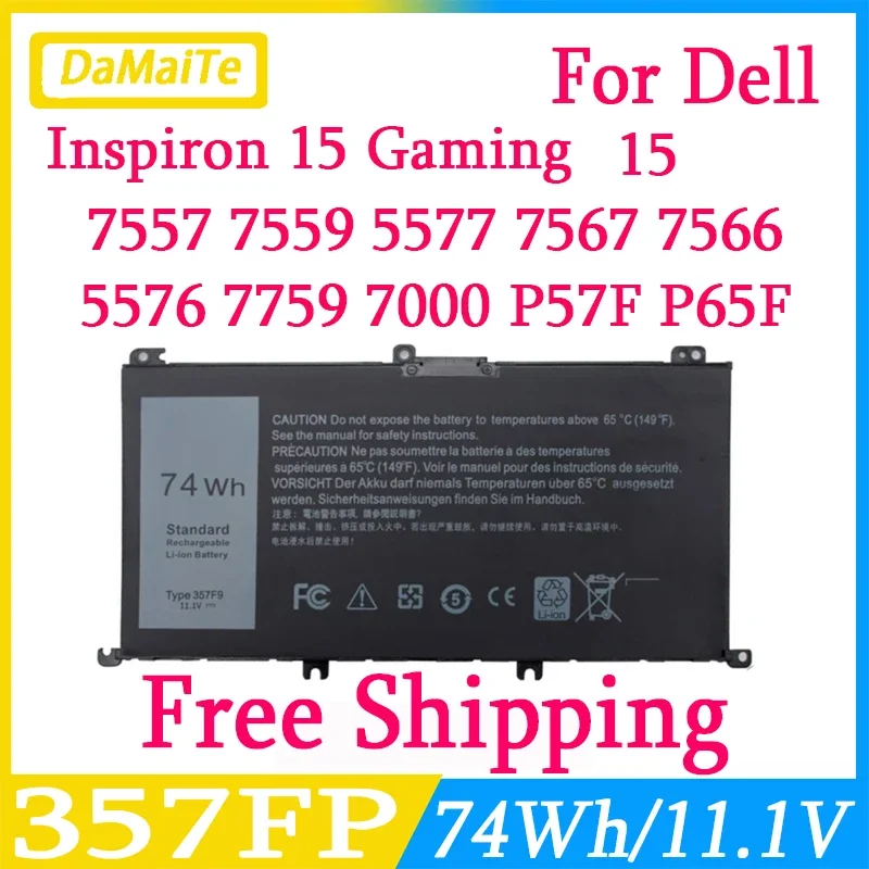 11.4V 74Wh 357F9 Laptop Battery For DELL Inspiron 15 Gaming 5576 5577 7566 7567 7000 7557 7559 P65F P57F P65F001 P57F001