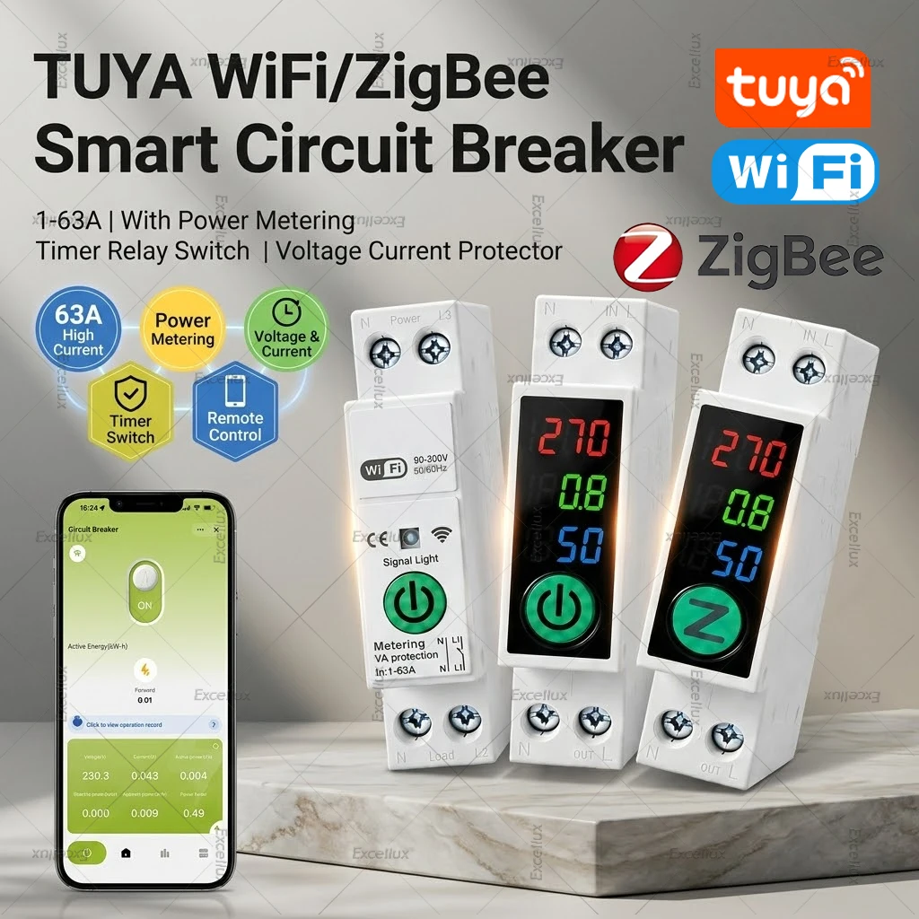 Zigbee/WiFi Smart Circuit Breaker 1P 63A Timer Relay On OFF Switch With Metering Current Voltage Protection For Smart Life TUYA