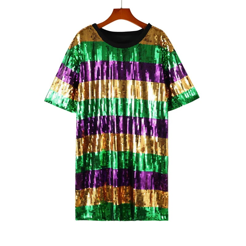 

Summer New Patchwork Color Sequined Long T-Shirt Round Neck Loose Hip Hop Short Sleeve Straight Fashion Streetwear Women's Wear