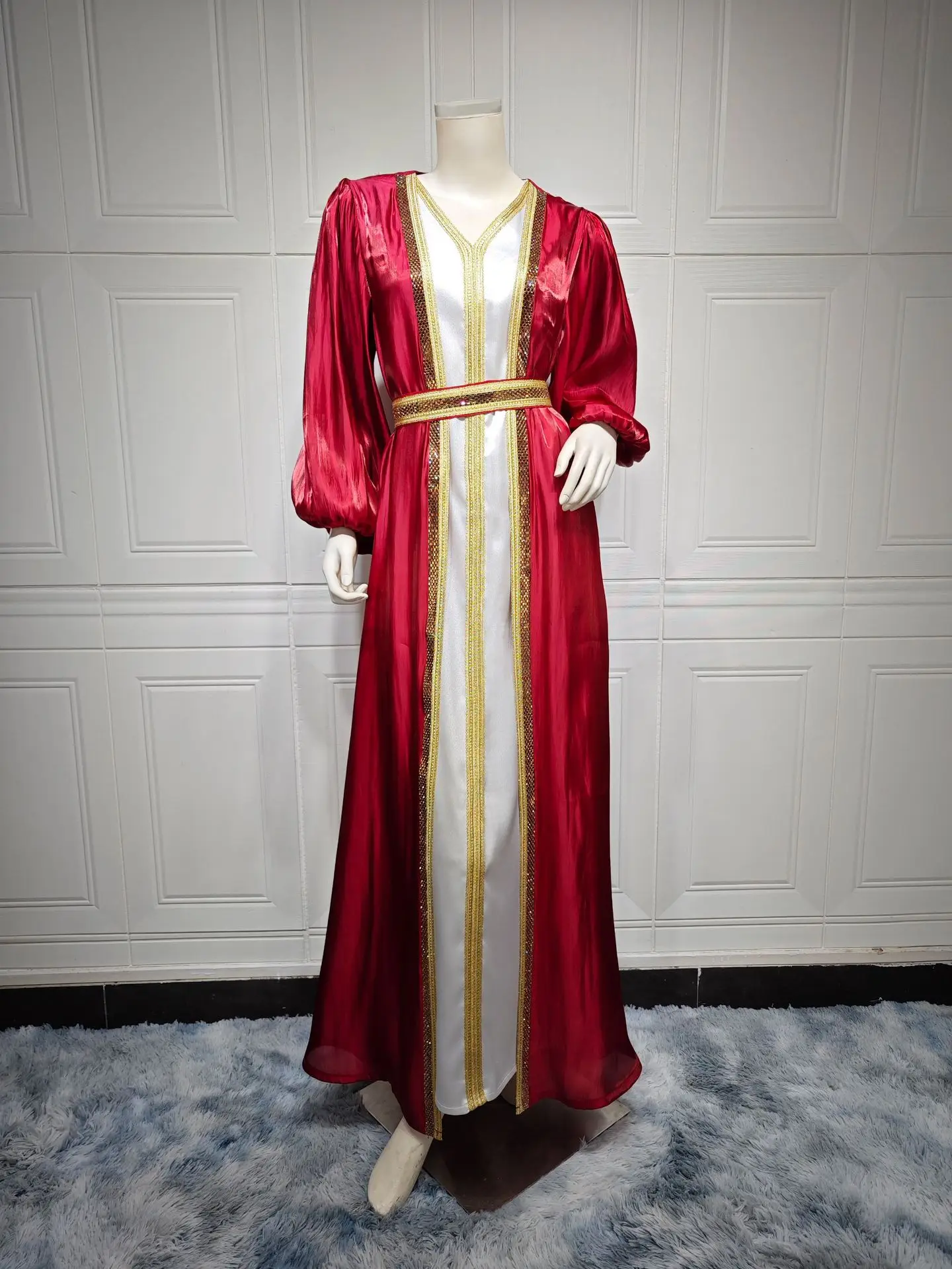 Caftano marocchino di lusso 2025 raso di seta elegante manica a lanterna 3 pezzi abito diamanti Abaya set musulmani abiti Ramadan per le donne
