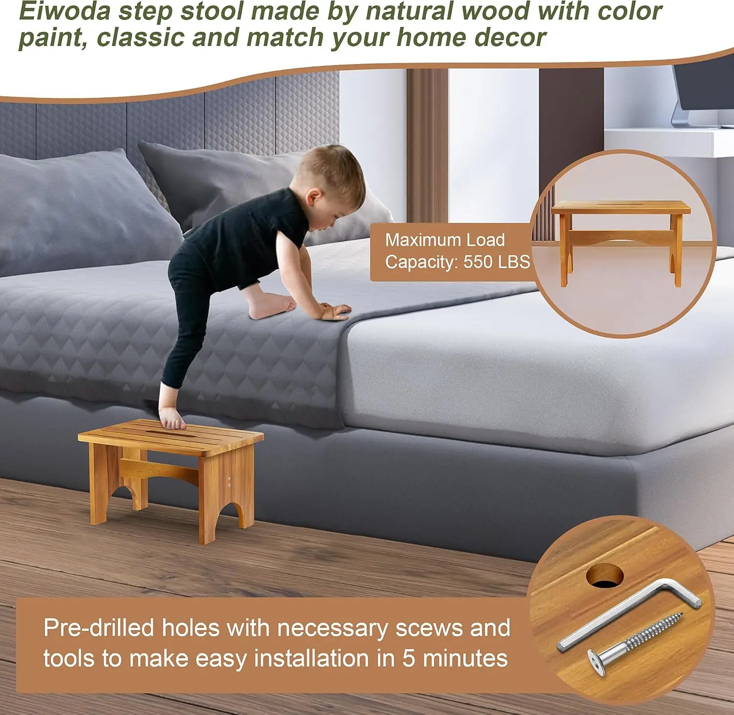 مقعد متدرج للبالغين، مقعد خشبي محمول مقاس 9 بوصات للأطفال، مقعد بجانب السرير عالي التحمل بخطوة واحدة بسعة تحميل 550 رطل #6