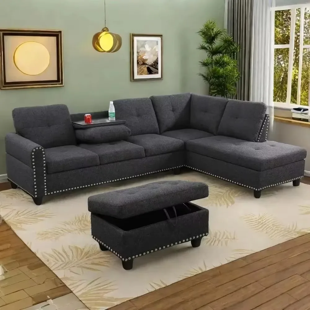 Sectional Sofa with Ottoman Nail-Head Design Linen Right Facing Modern Couches with Cup Holder L Shaped Sectional Sofa