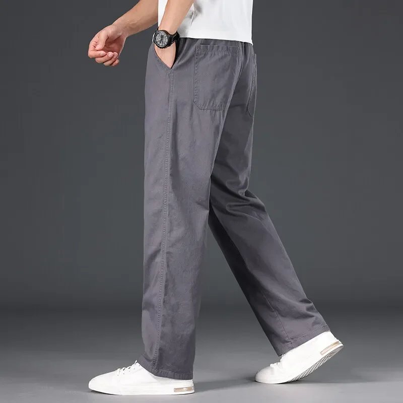 

100% Pure Cotton Silky Thin Casual Pants for Men, Loose Straight Tube, Large Size, Wide Leg, Teenage Khaki Business Workwear Pan