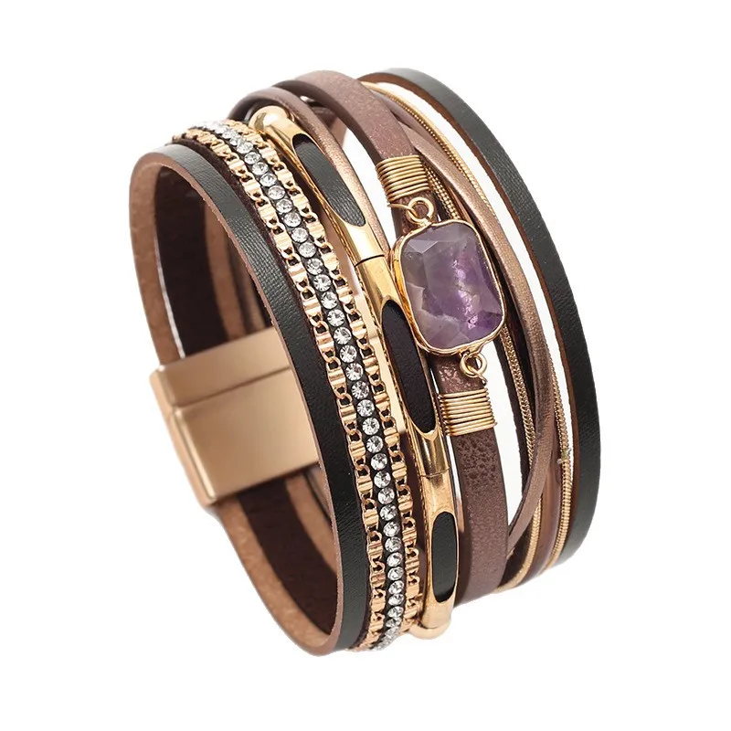 European and American fashion bracelets crystal magnet buckle leather bracelet woven multi-layer personality bracelet wholesale