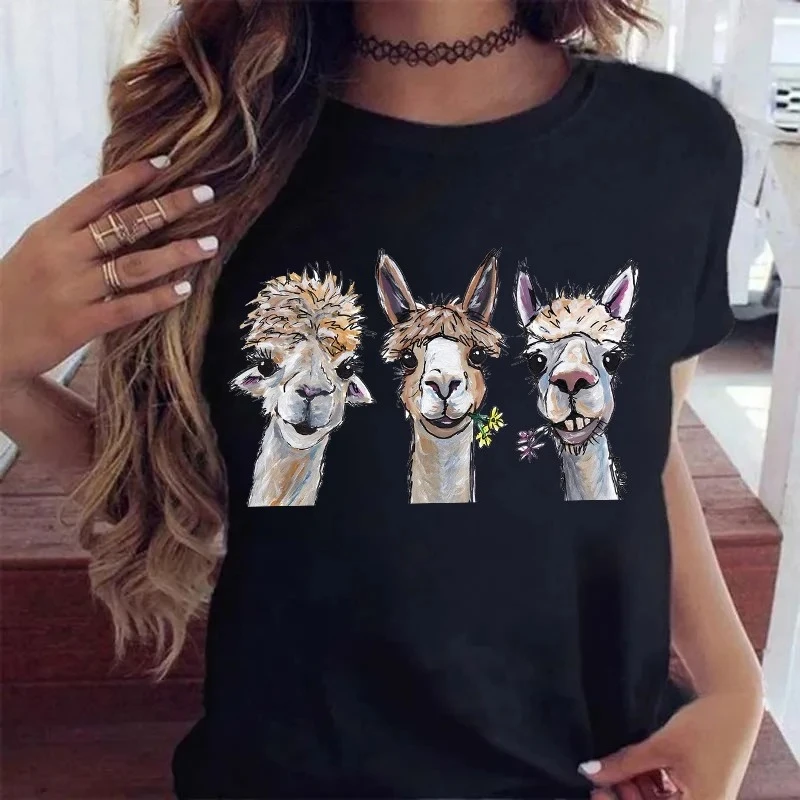 

Kawaii Alpacas футболки с животным принтом женские летние белые топы Camiseta Mujer повседневные розовые/желтые/серые/черные футболки одежда топ Y2K