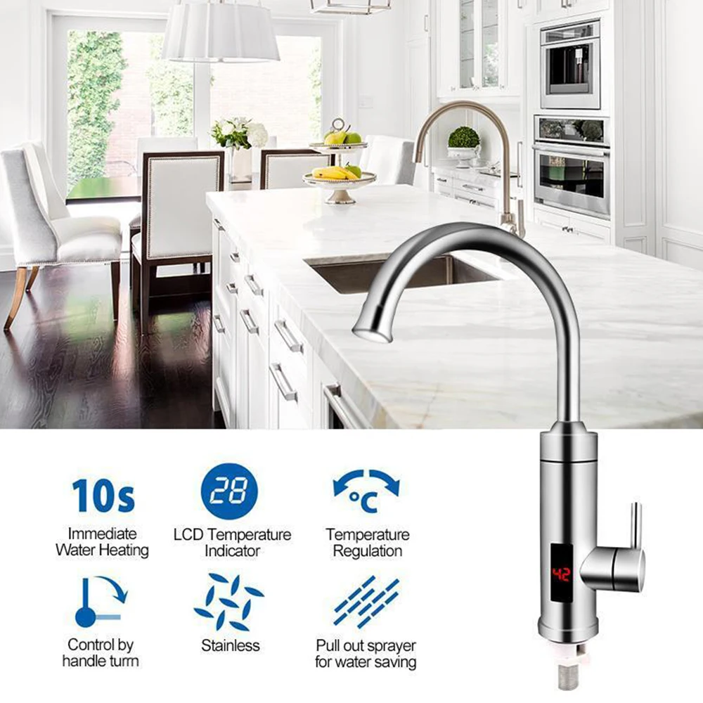 

3000W Stainless Steel Electric Faucets Instant Water Heater Kitchen Faucet Tap with LED Digital Display Temperature for Bathroom