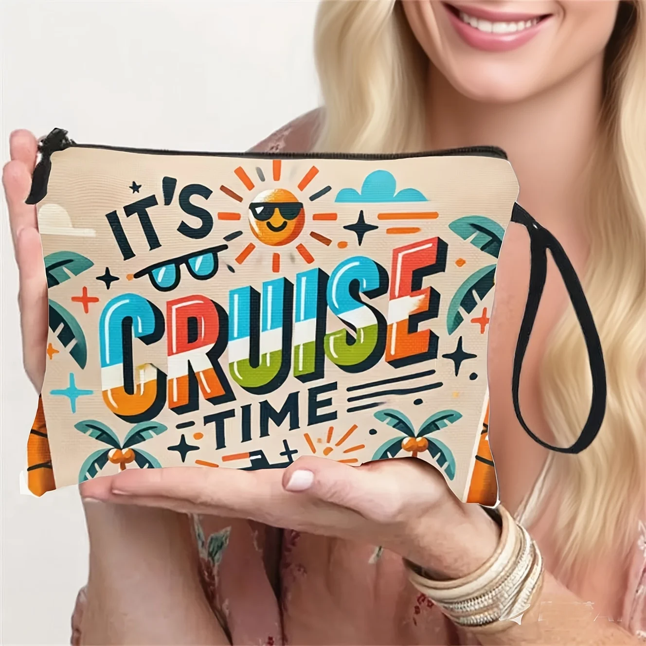 CRUISE TIME Cruise-Themed Cosmetic Bag For Travel Toiletries Featuring A Wrist Strap Perfect Gift For Sailing Enthusiasts