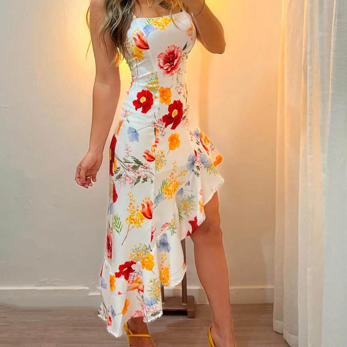 Dress Women Long Dresses Print Floral Slim Fit Sexy Sling Sleeveless Irregularity Ruffles Mid Length Vestidos Elegant Splice