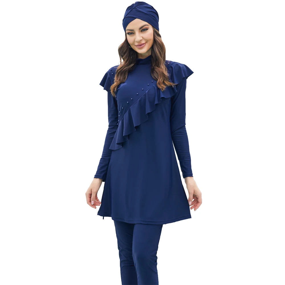 Elegante traje de baño islámico de manga larga para mujer, traje de baño con sombrero, sombreros musulmanes, Burkini suave a la moda, venta al por