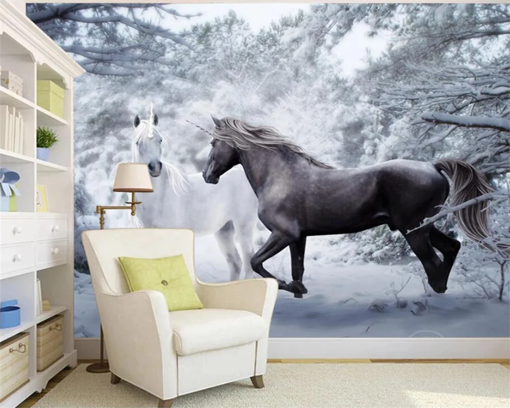 Custom wallpaper 3d mural horse snow black and white art background wall living room bedroom wall papers home decor 3d wallpaper