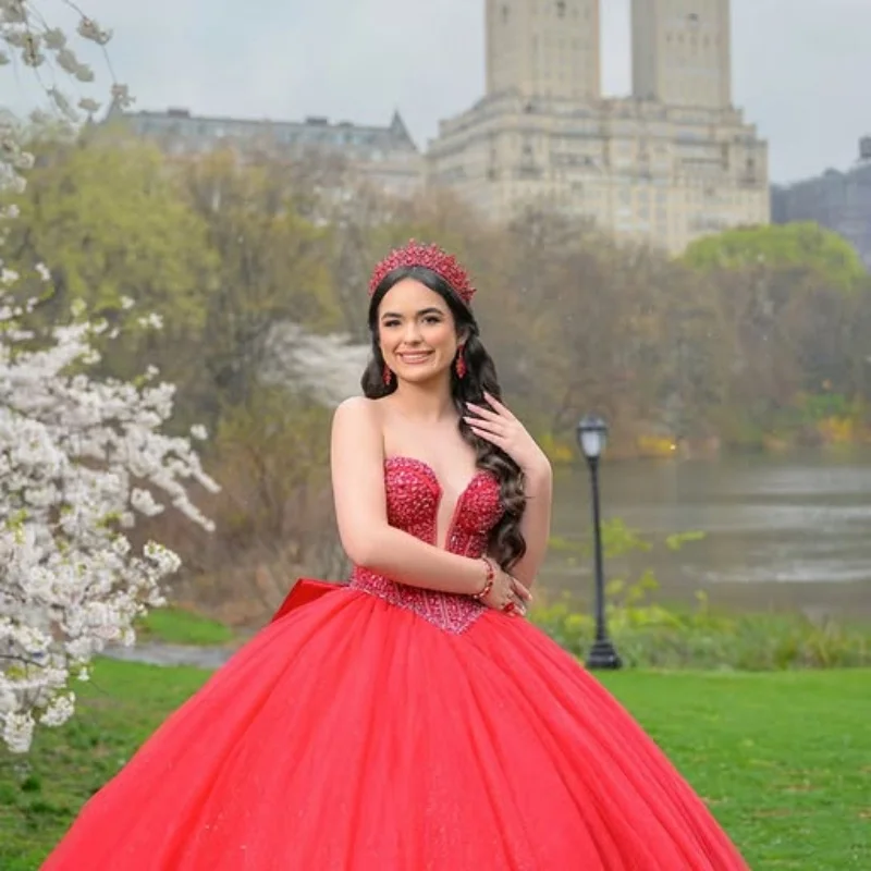 

Customized Red Quinceanera Dresses Off the Shoulder crystal sequin applique layering Long tail Bow Vestido 15 Quinceanera