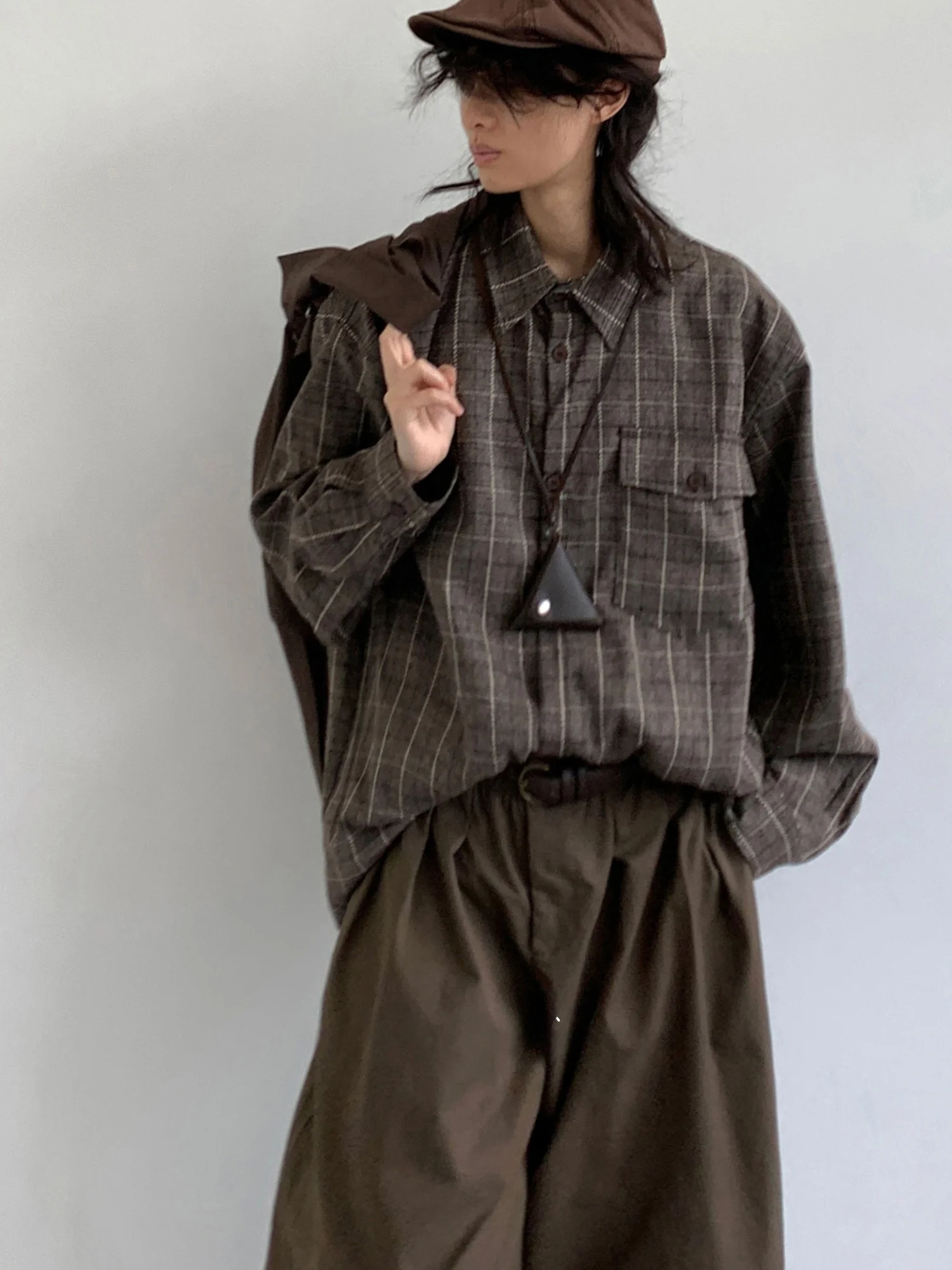 

Retro Japanese Style Plaid Long Sleeve Shirt Casual Loose Fit Collared Autumn College Style Men's Women's Fashion Polyester F...