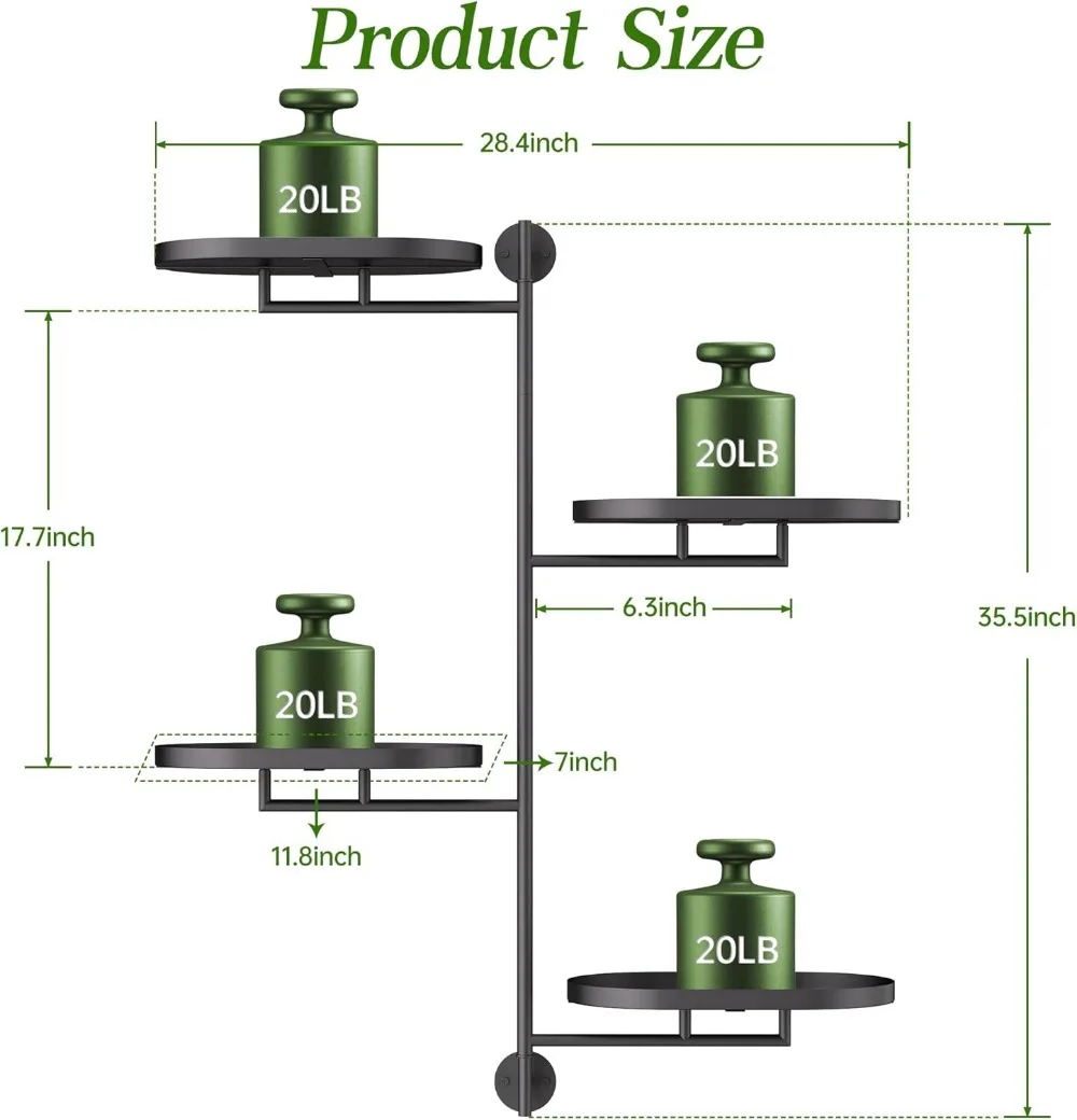 حامل نباتي دوار مكون من 4 طبقات، رف تثبيت على الحائط معدني أسود للنباتات الداخلية لديكور المنزل