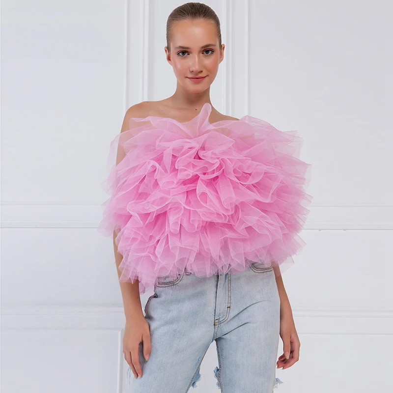 

Pink Tulle Tube Top Sexy Ruffles Strapless Women Puffy Tulle Tops Zipper Back Short Shirt For Party Women Clothes Cheap 2022