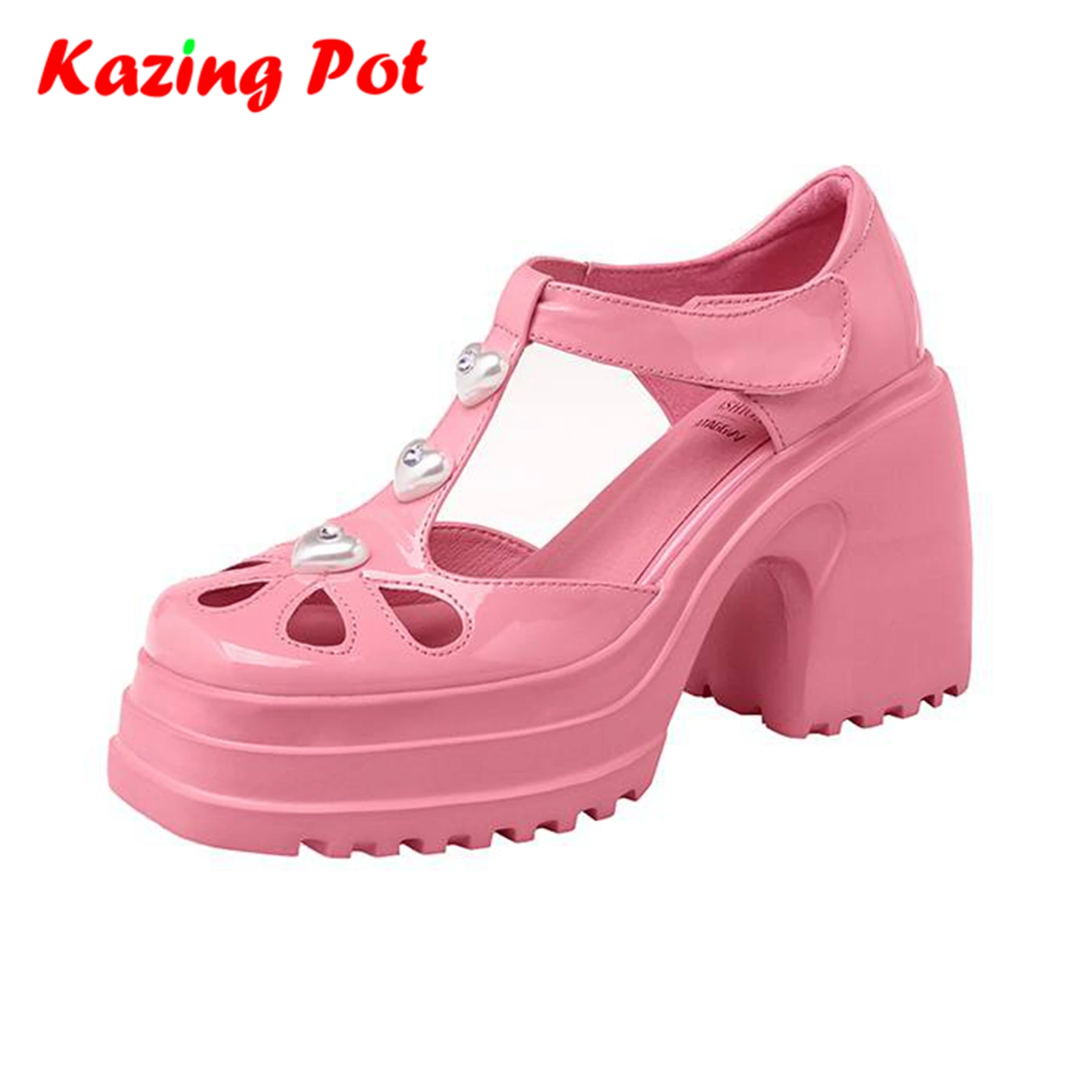 Krazing Pot Genuine Leather Chunky Heels Square Toe Casual Shoes Hook Look Metal Heart Fasteners Luxury Platform Women Pumps