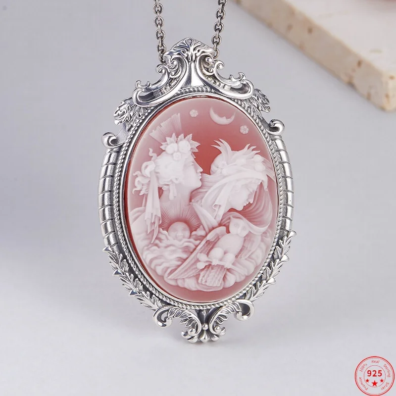 S925 Sterling Silver Charms Pendant for Women Palace Style Pattern Inlaid Red Agate Goddess Head Sculpture Jewelry Wholesale