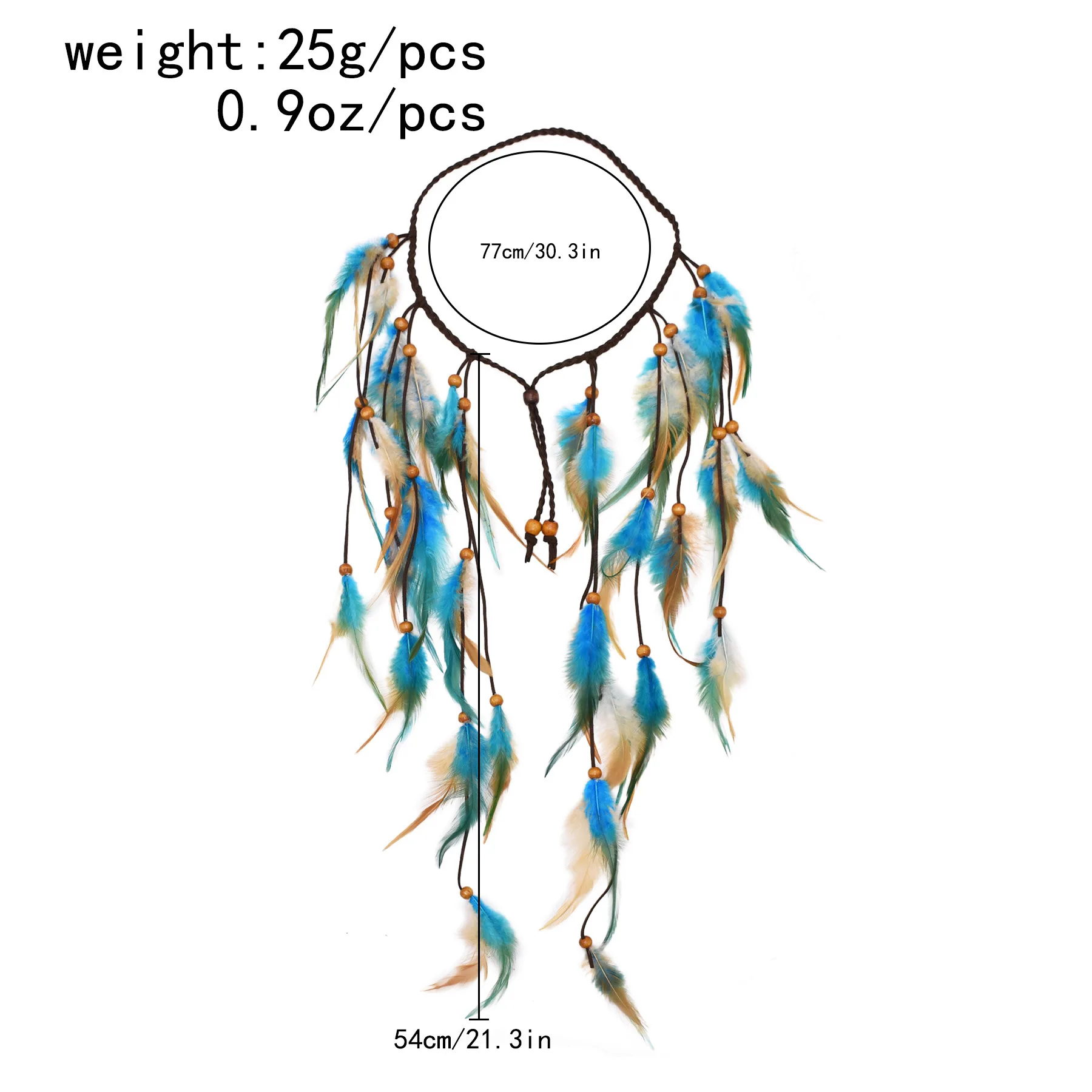 طويل الأزرق البني ريشة عقال للنساء البوهيمي العرقية مهرجان الهبي حفلة جلدية الخشب الخرز الشعر مجوهرات اكسسوارات #6