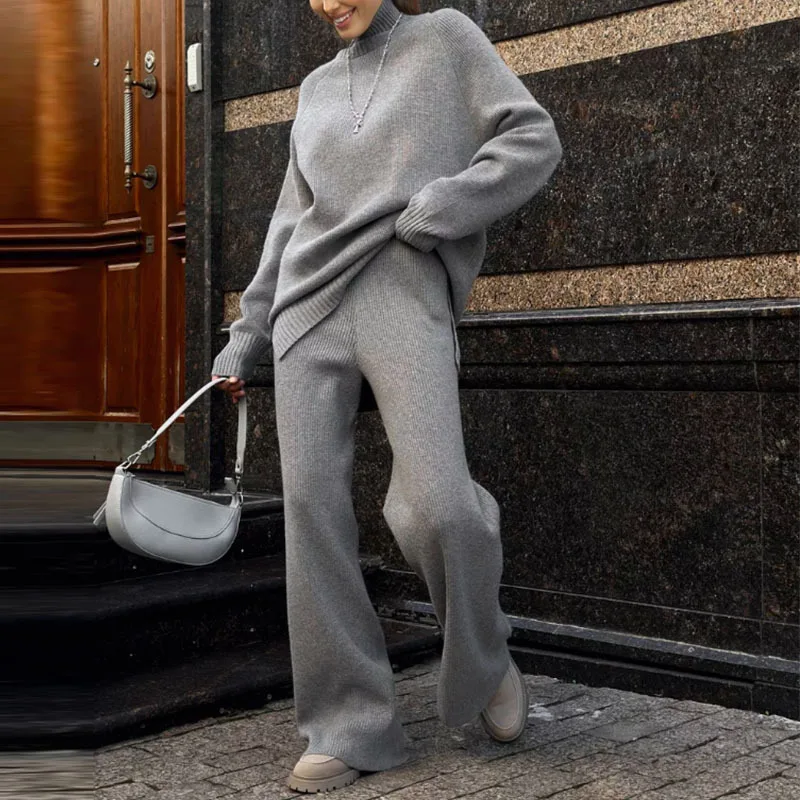 Suninheart Maglione dolcevita invernale Pullover e pantaloni Set Pantaloni a gamba larga da donna Abito lavorato a maglia moda in due pezzi da donna