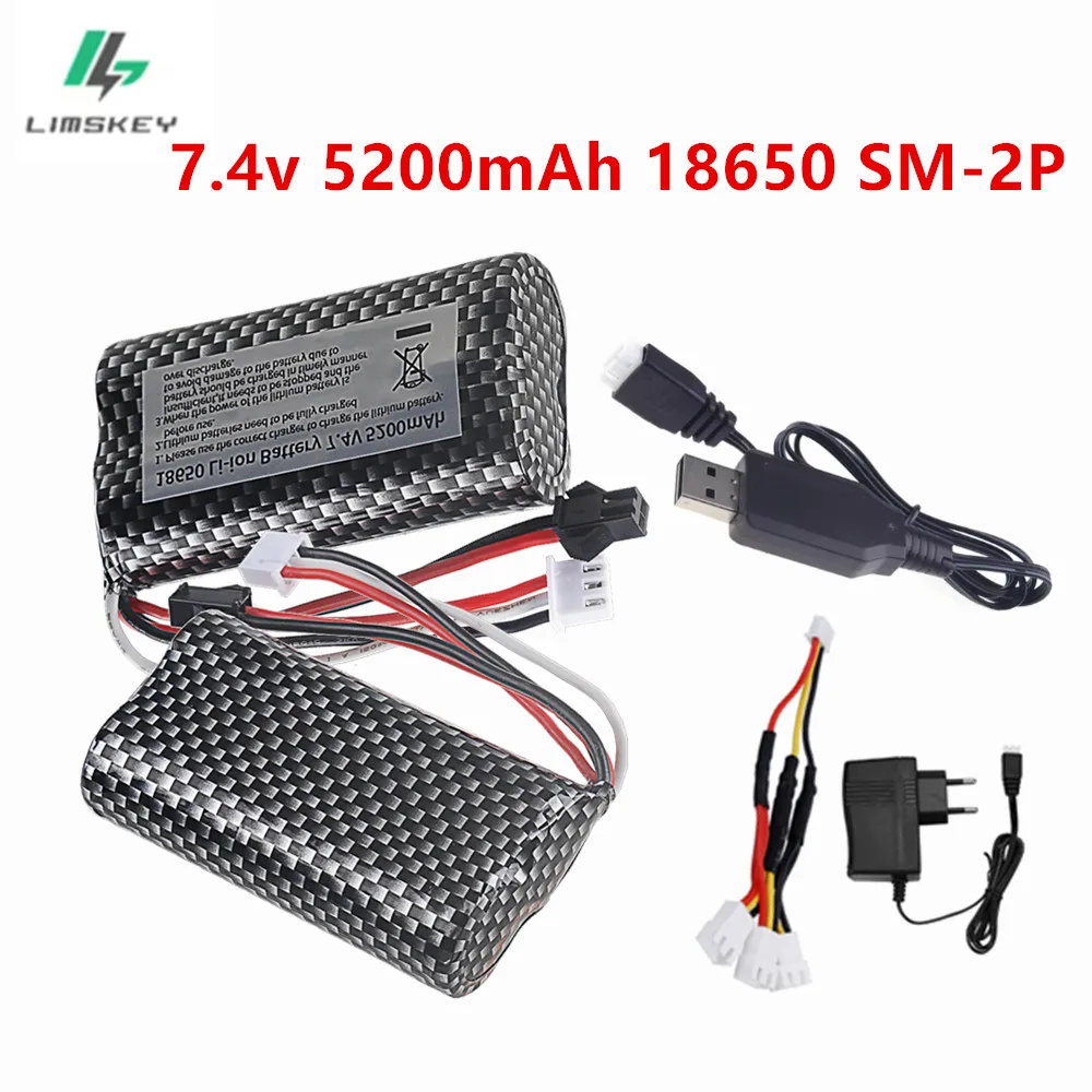 7.4V 18650 SM-2P 5200mAh Li-ion Battery for WPL MN99S D90 U12A S033g Q1 H101 Rc Boats Cars 7.4 v Battery or Charger