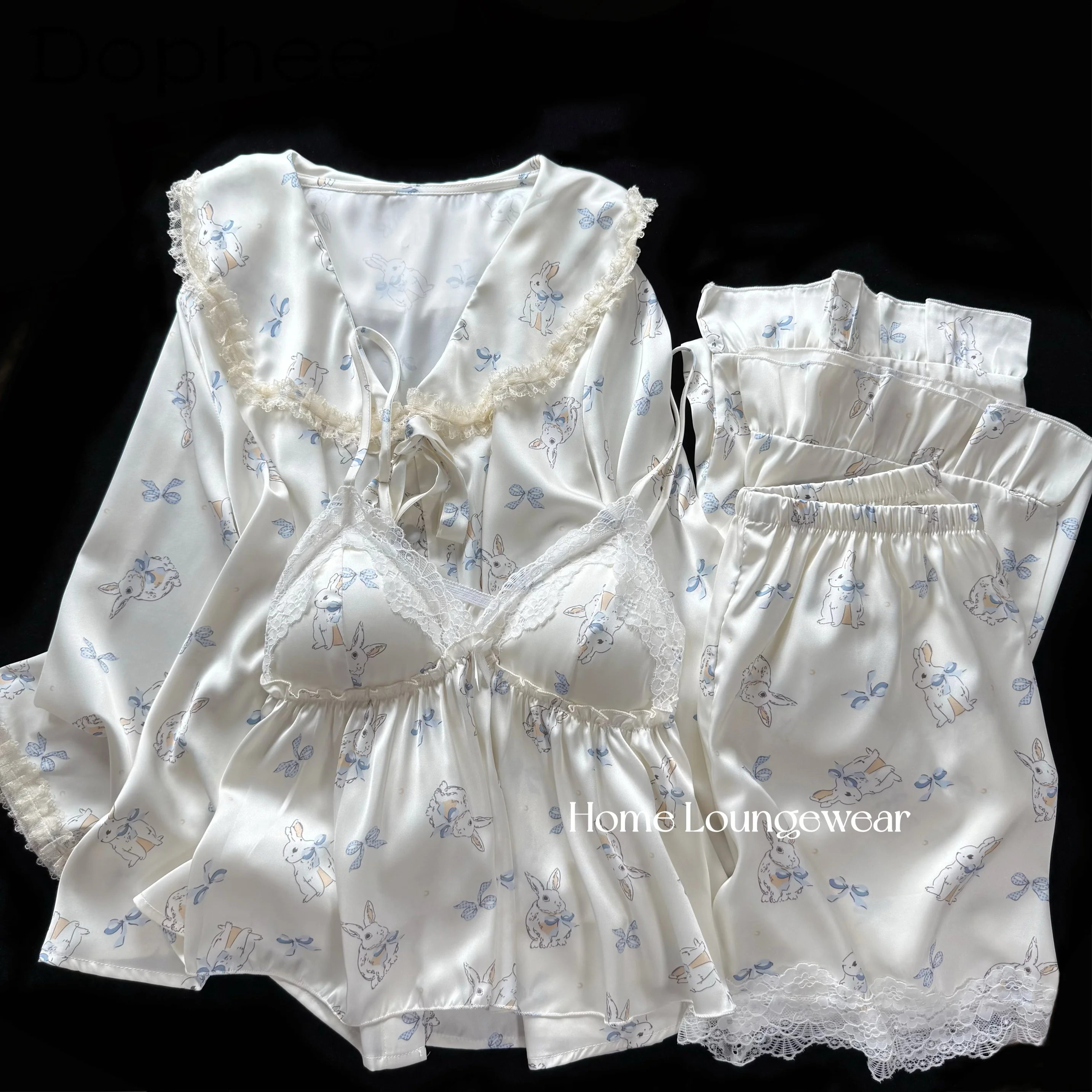 

2025 New Summer Cool Ice Silk Pajamas Japanese Girls Sexy and Cute Cartoon Printed Loungewear Four-piece Set with Chest Pads