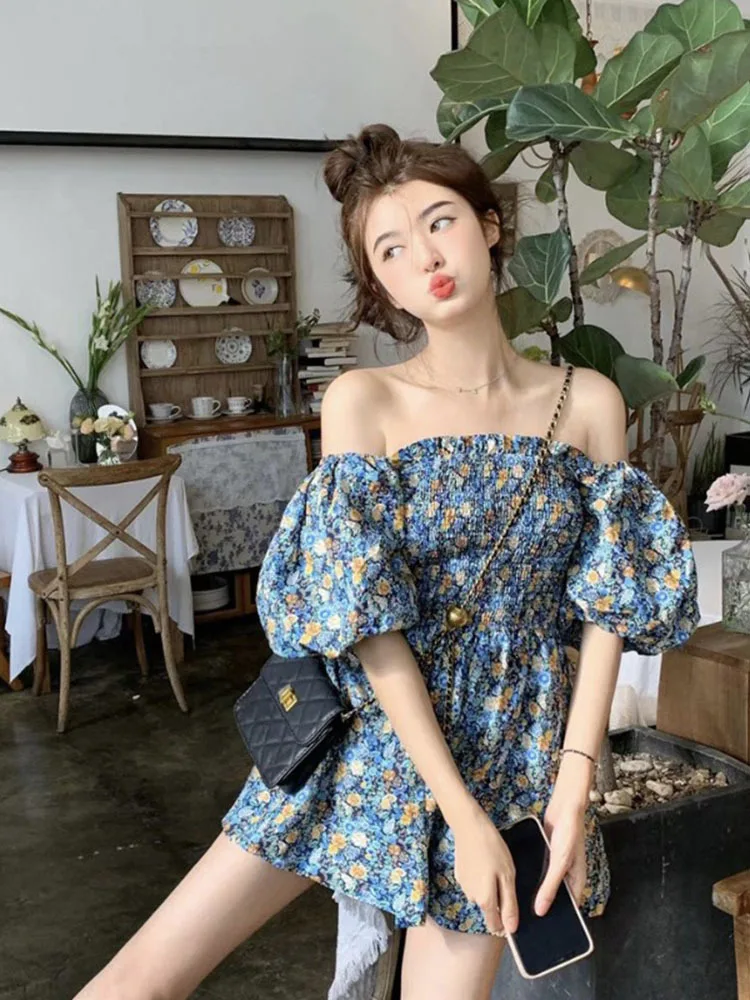 

Slash Neck Rompers Women Vintage Floral Sexy Lovely Girlish Romper Casual Summer Korean Version Hotsweet Fashion Temper Holiday