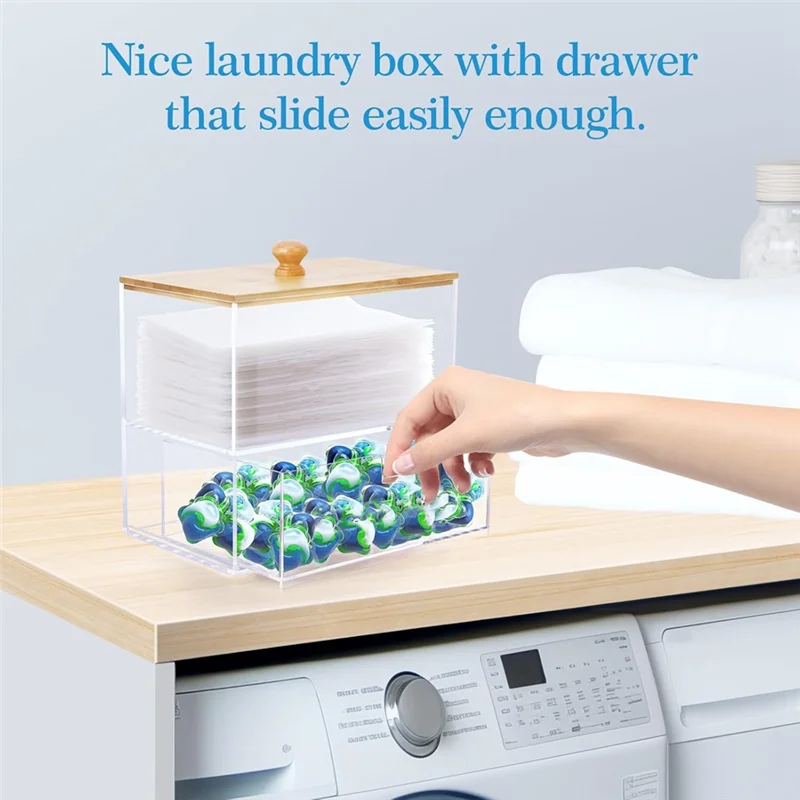M12K-Acryl-Trocknerblatthalter mit Schublade und Bambusdeckel, transparenter Acryl-Wäschepad-Aufbewahrungsbehälter mit großem Fassungsvermögen