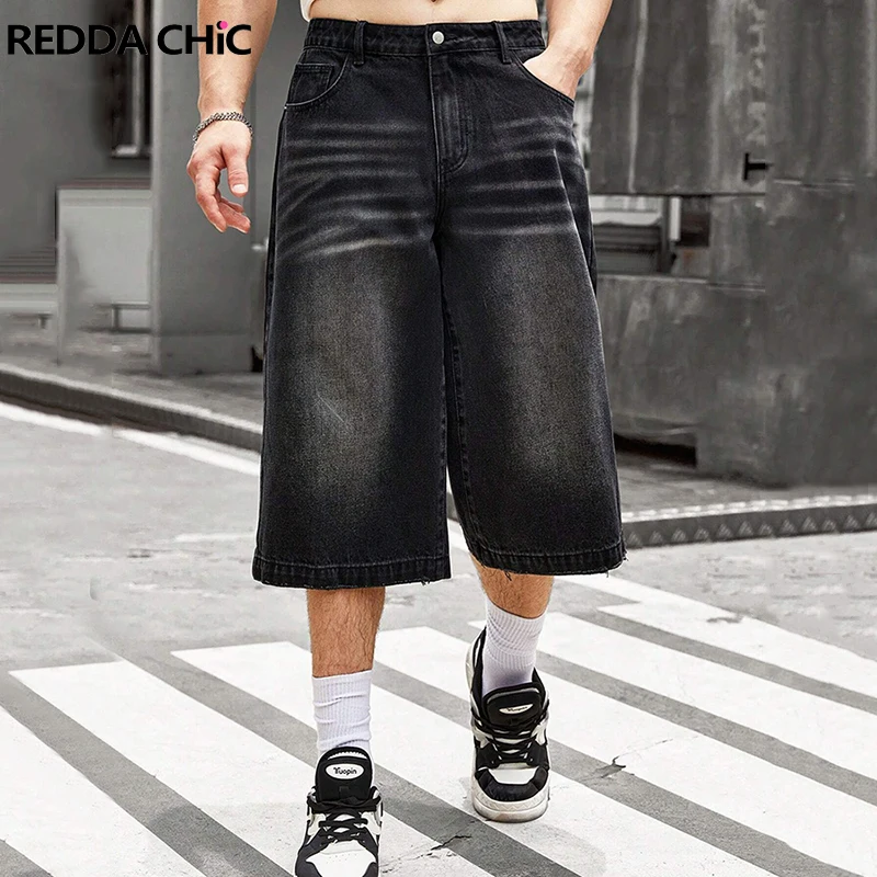 ReddaChic Men Streetwear Baggy Jorts Low Waist Cropped Black Jeans Distressed Y2k Casual Wide Pants Denim Shorts Male Trousers