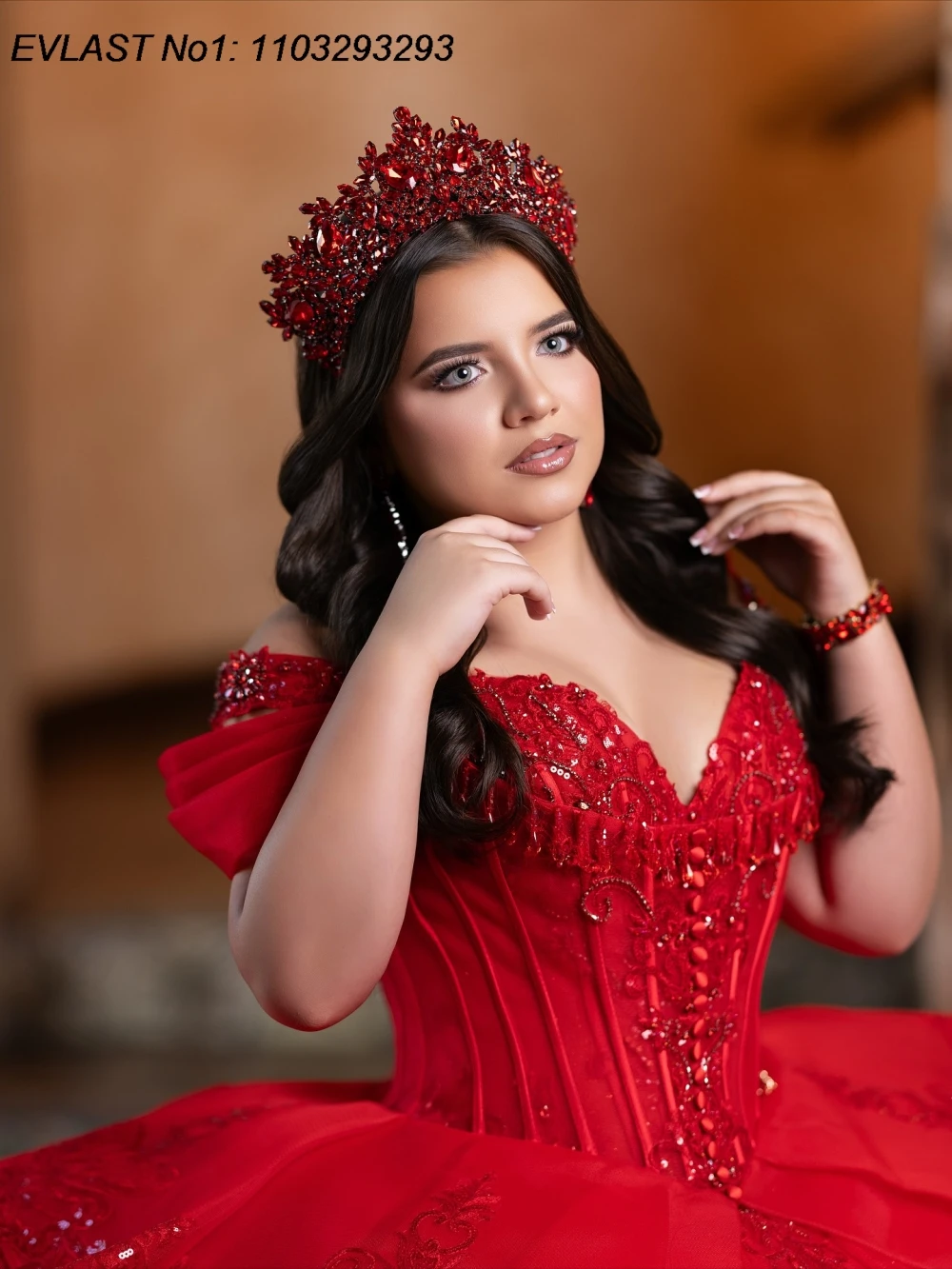 EVLAST Aangepaste Sparkly Rode Quinceanera Jurk Baljurk Glanzend Kant Applique Kralen Strik Sweet 16 Vestidos De 15 Anos E1QN676