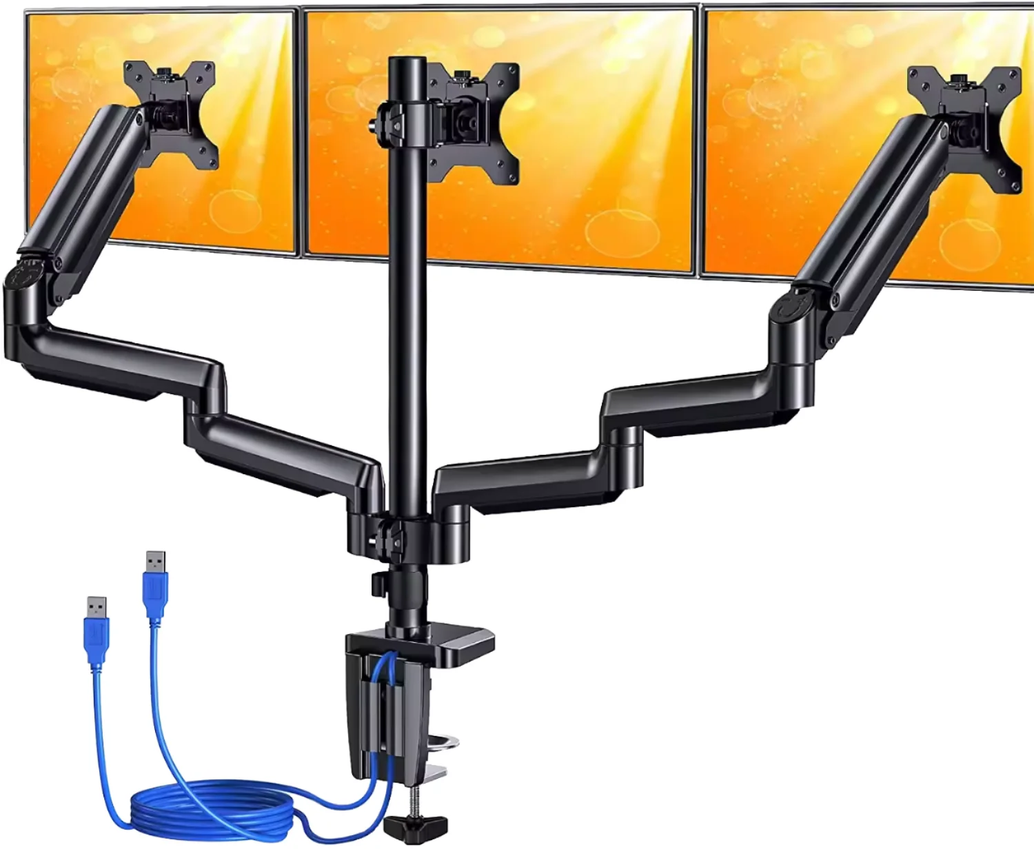 3 Monitor Desk Mount For Computer Screens Up To 27 Inch, Triple Monitor Arm With Gas Spring, Heavy Duty Monitor Stand