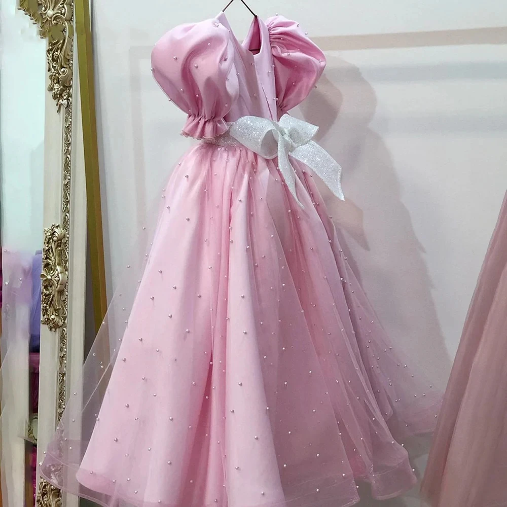 Pink Girls Birthday Party Princess Gown With Pearls Decoration Kids Prom Baptism Princess Ball Gown First Communion Dress