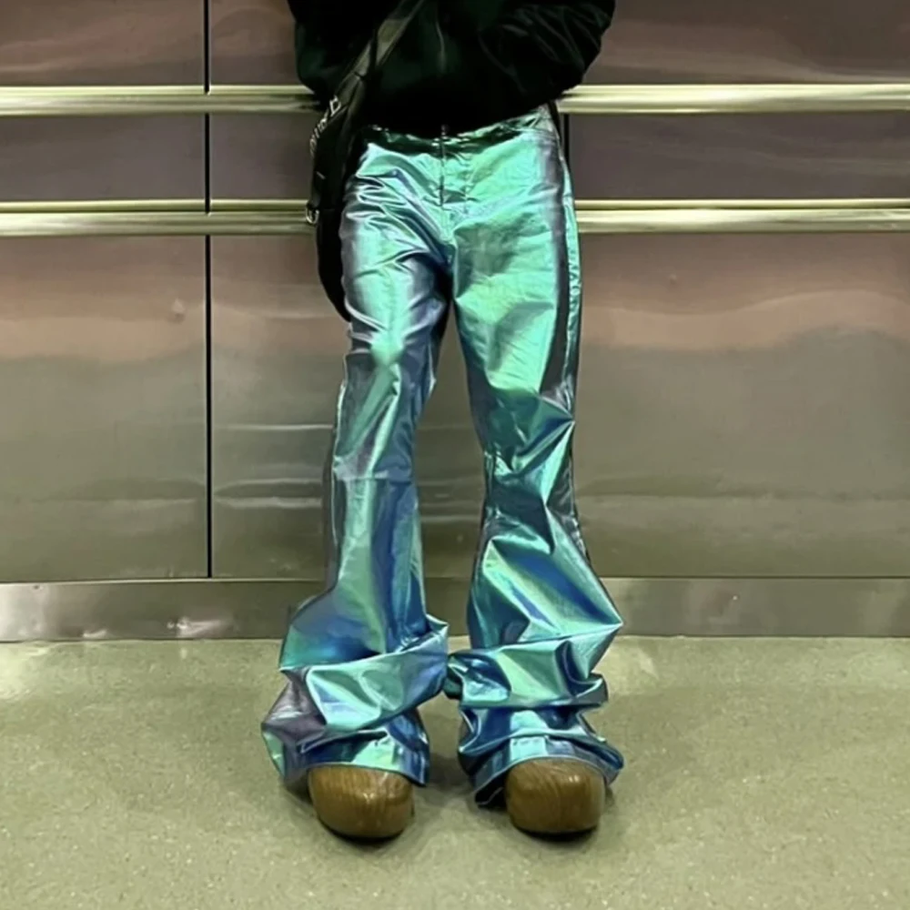 

High Street RO Jeans Pants Men's Coated Green Laser Glossy Denim Wide Legs and Floor Hugging Slimming Effect Micro Flared Pants