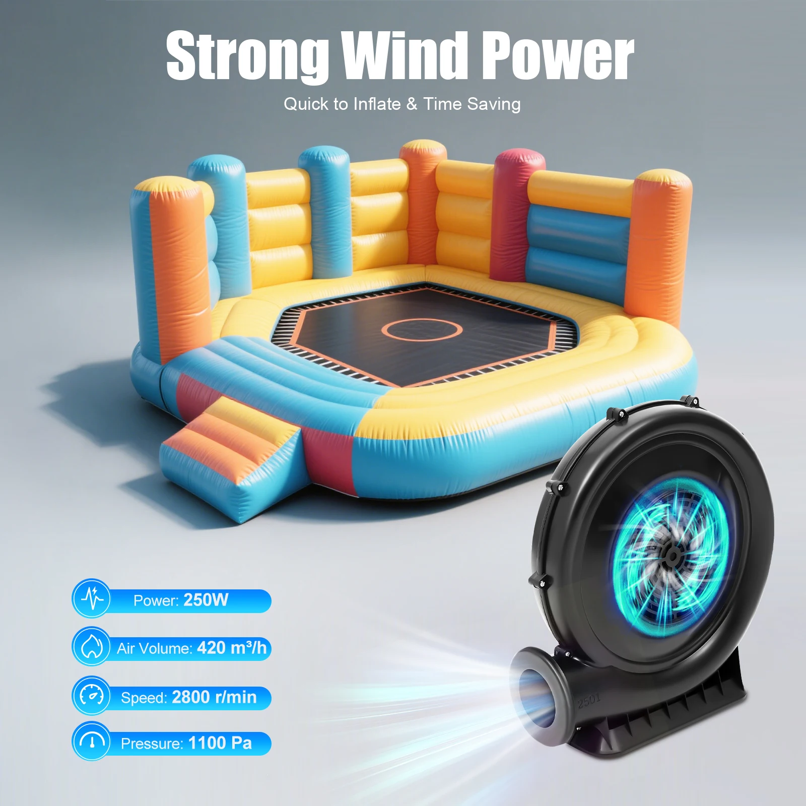 منفاخ هواء 250 وات 420 م 3 / ساعة 1100 باسكال ضغط عالي لشريحة قلعة خيمة ترامبولين قابلة للنفخ