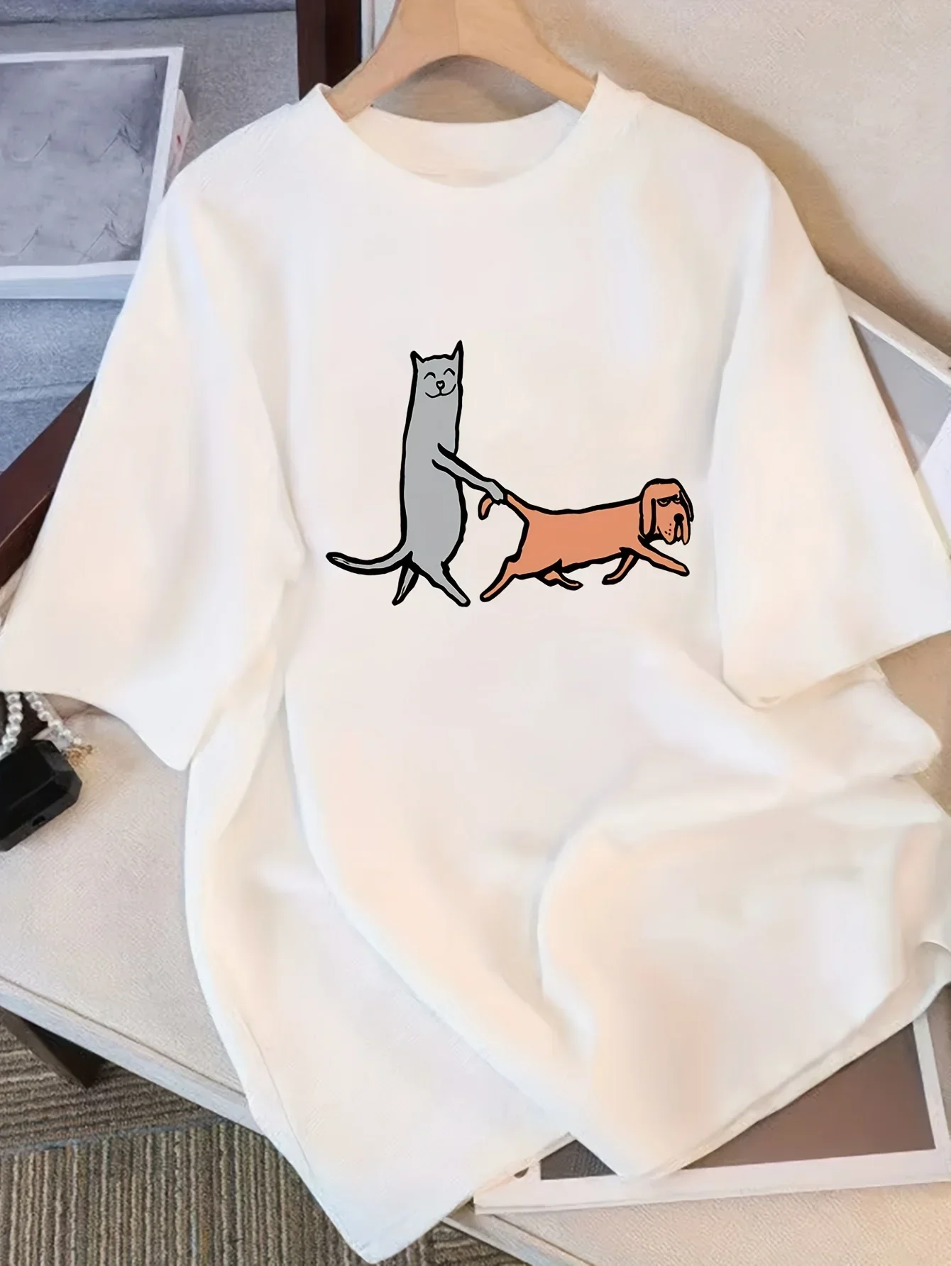 Camiseta de gato cómoda y lavable para todas las estaciones tela Eveathable ajuste relajado moda cómoda tela estampada para