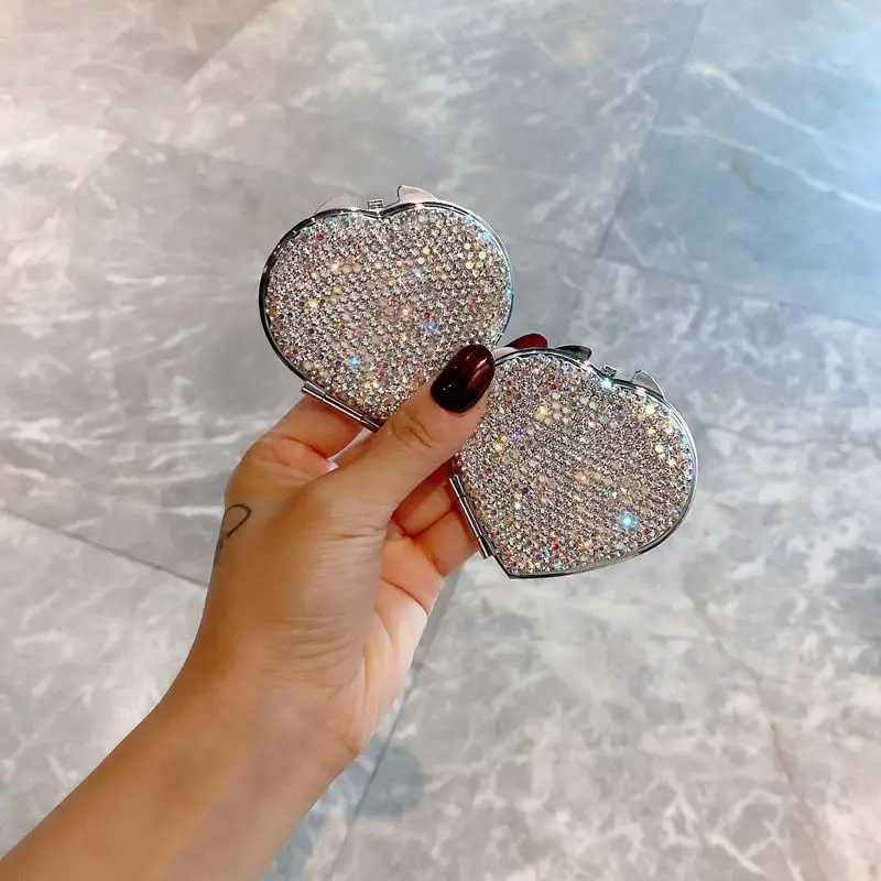 Bling Rhinestone Cosmetic Mirror Portable Double-Sided Foldable Pocket Makeup Mirror with Crystal Women Girls HD Vanity Mirror