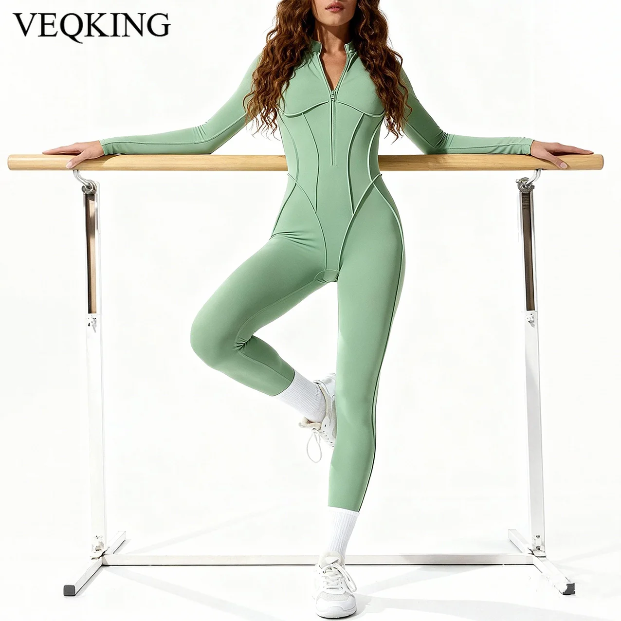 

VEQKING One Pieces Women Yoga Bodysuits Hollow Back Sports Tracksuits Front Zip Jumpsuits Hip Lift High-impact Workout Leggings