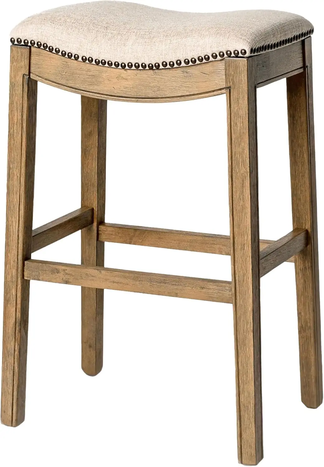 Adrien Backless Bar Stool – 31 Inch Saddle Seat with Footrest – Natural Solid Wood Frame & Natural Fabric Upholstery – Ide