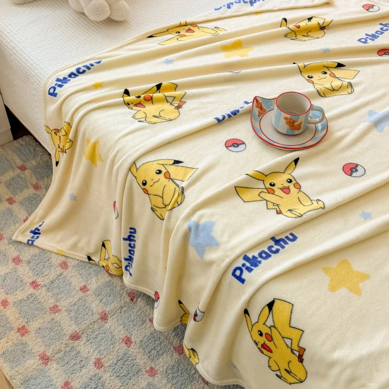 Cartoon Pikachu Double Sided Milk Fleece Blanket Warm Multi-purpose Air Condition Blanket Single Bed Sheet Throw Blanket