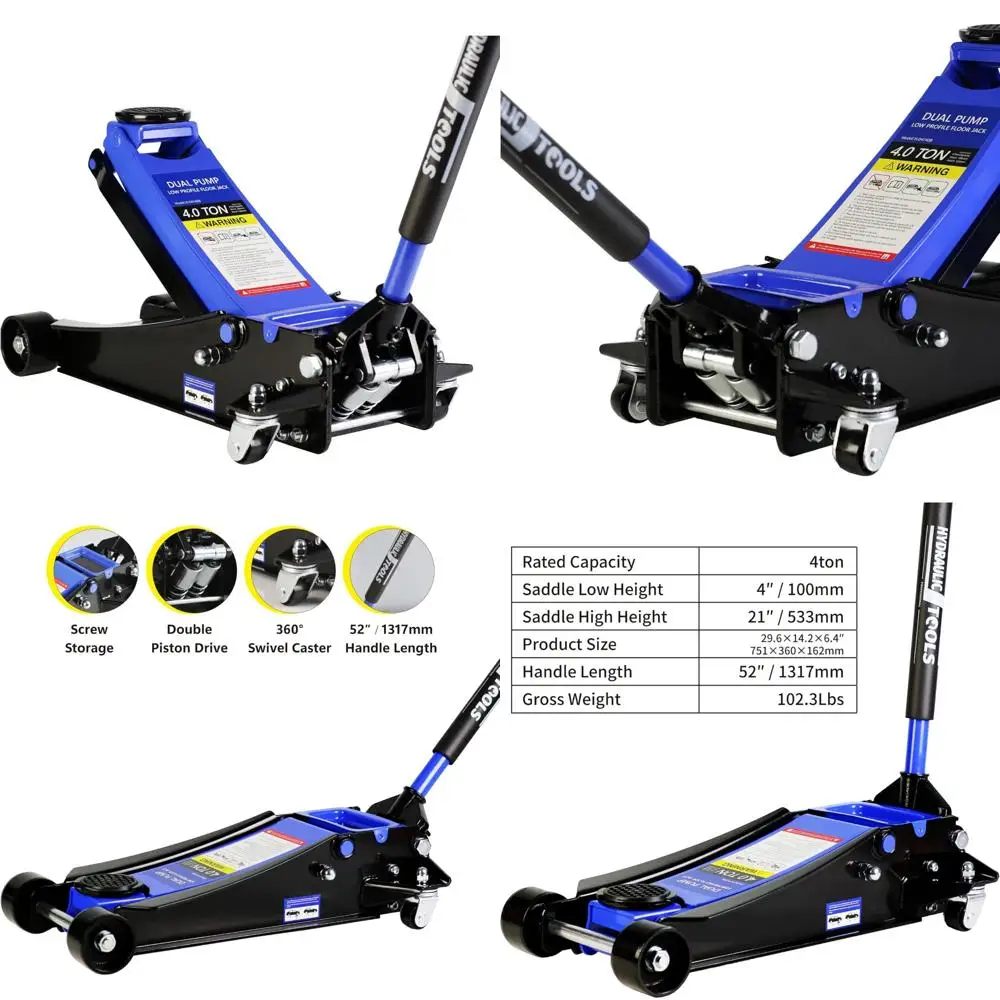 

Hydraulic Dual Piston 4-Ton Quick Lift Jack with 4 to 21 Inch Lift Range for Racing Floors
