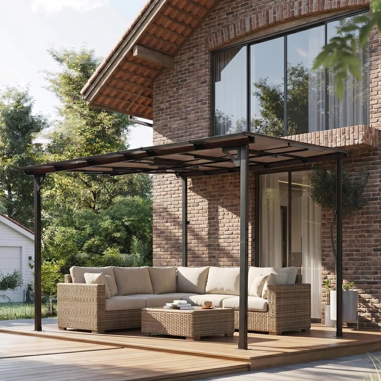 Wall-Mounted Lean-to Gazebo Hardtop Steel Frame Weather-Resistant Outdoor Awning Patio Deck 10x10ft, Customized
