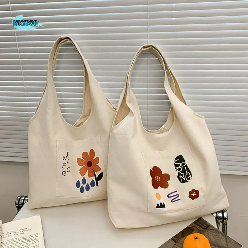 

Cute Korean Style Flower Tote Bag Large Capacity Handbag Canvas Shoulder Bag Sweet Versatile Women's Armpit Bag Girls